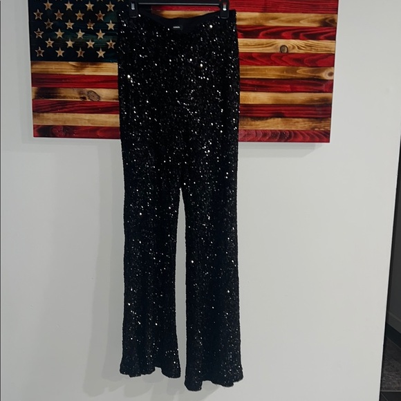 NWT Express Black Sequin Flare Pants - Picture 2 of 4